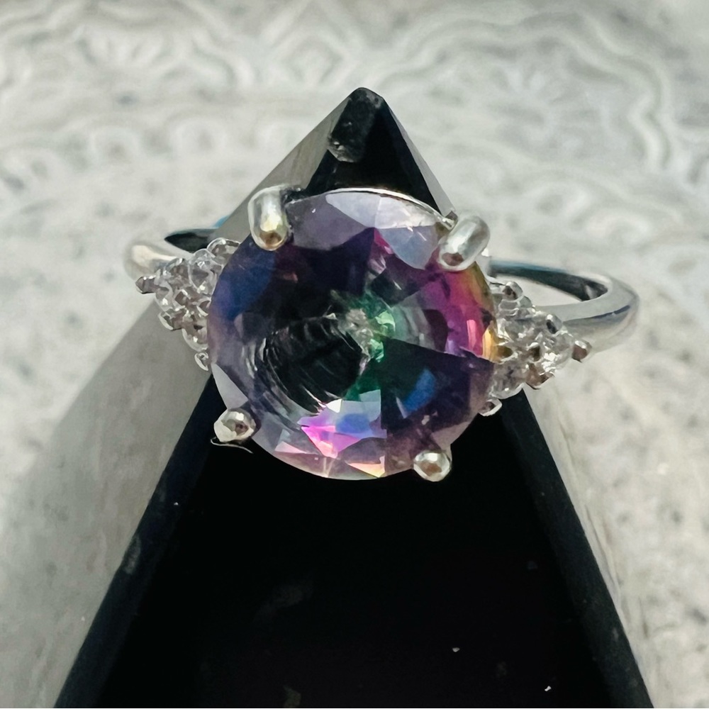 Mystic Topaz Silver Adjustable Ring, Handmade by Wandering Bunny LLC